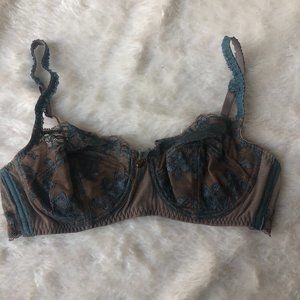 Brown and teal blue unpadded sheer lace mesh bra